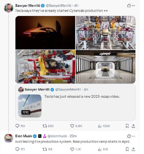 马斯克称正测试Cybercab生产系统,量产将从4月开